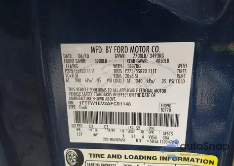 2010 Ford F-150 Fx4/Harley-Davidson/King Ranch/Lariat/Platinum/Xl/Xlt z USA, uszkodzony, nr VIN 1FTFW1EV2AFC91148